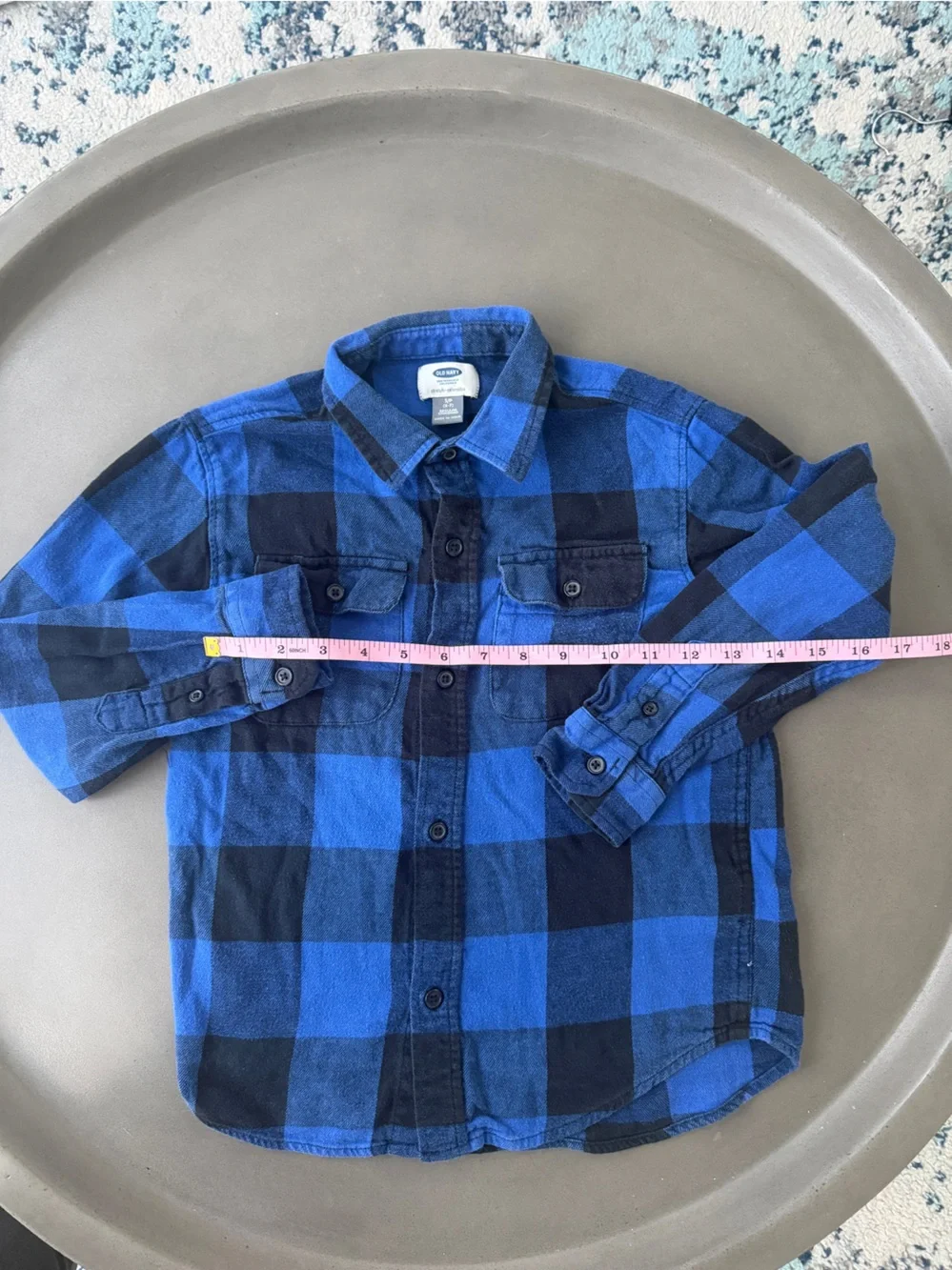 Old Navy Blue and Black Plaid Button-Down Shirt for Kids 6/7